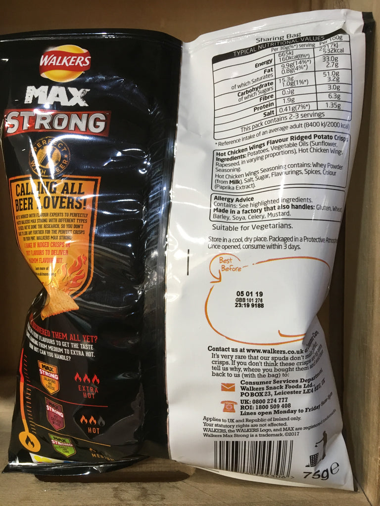 12x Walkers Max Strong Hot Chicken Wings Crisps (12x75g) & Low Price