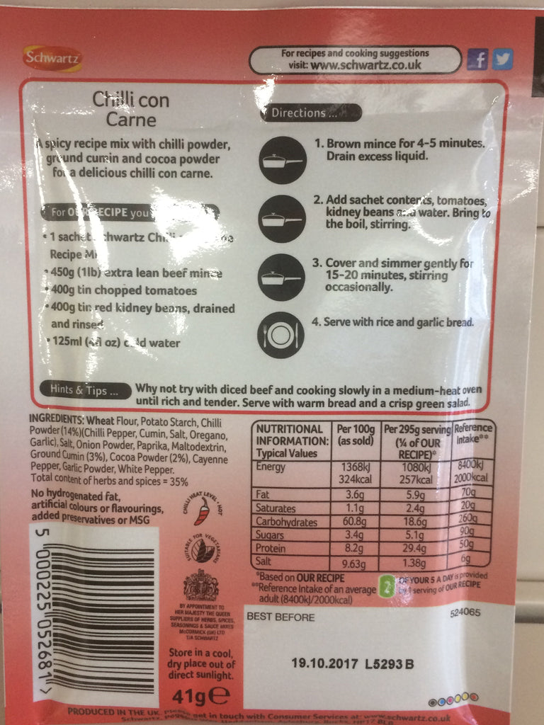 Schwartz Chilli con Carne Recipe Mix 41g Low Price Foods Ltd
