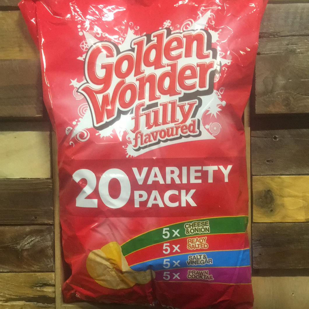 A 20 pack of Golden Wonder variety crisps flavored with cheese and onion, ready salted, salt and vinegar, and prawn cocktail, displayed in a hanging retail packaging.