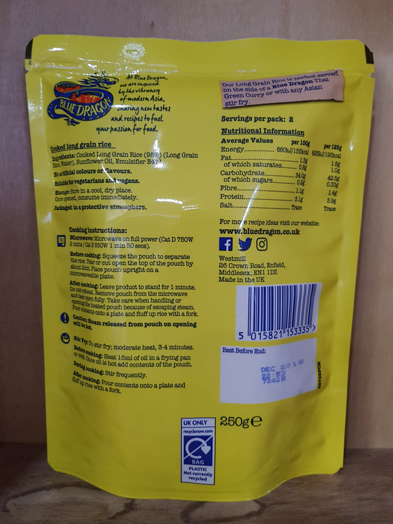 Blue Dragon Long Grain Rice Microwave 250g & Low Price Foods Ltd