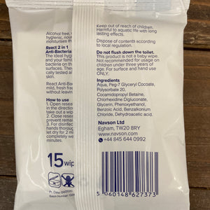8x React Antibacterial Hand & Surface Travel Packs (8x Packs of 15 Wipes)