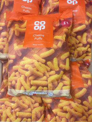 10x Packets of Co-Op Cheese Puffs Maize Snacks Sharing Bags (10x150g)