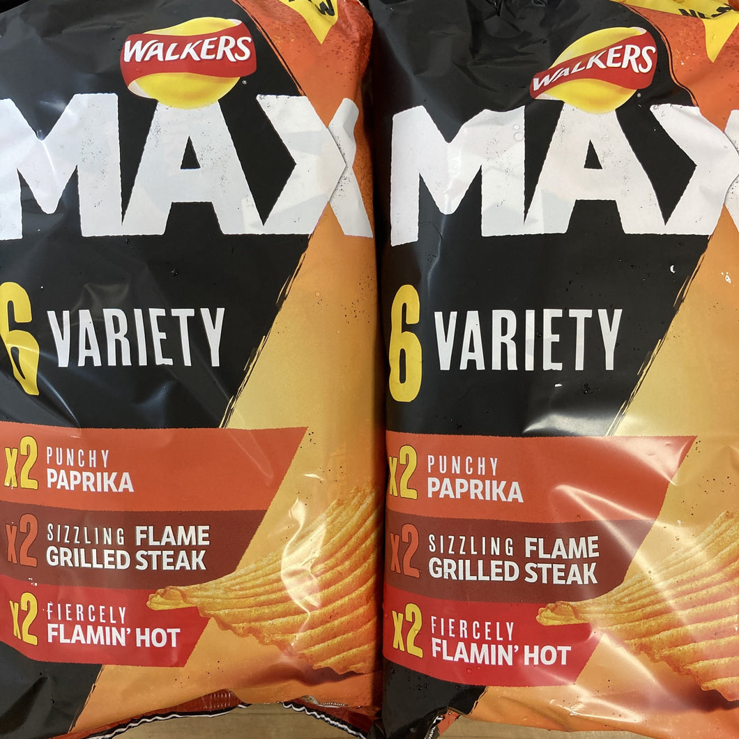 12x Walkers Max Variety Ridged Potato Crisps (2 Packs of 6 X 27g)