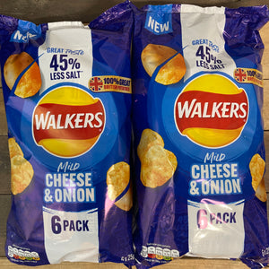 Walkers Less Salt Mild Cheese & Onion Crisps 6x25g