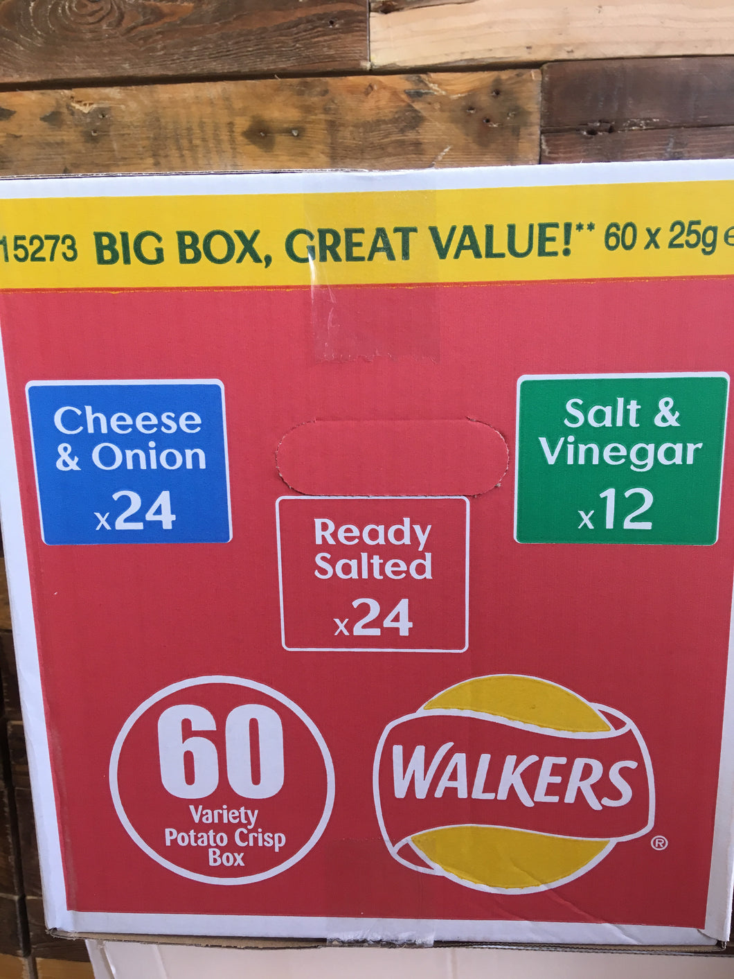 Walkers Variety Box Crisps 60 Pack, Cheese & Onion, Ready Salted, Salt & Vinegar