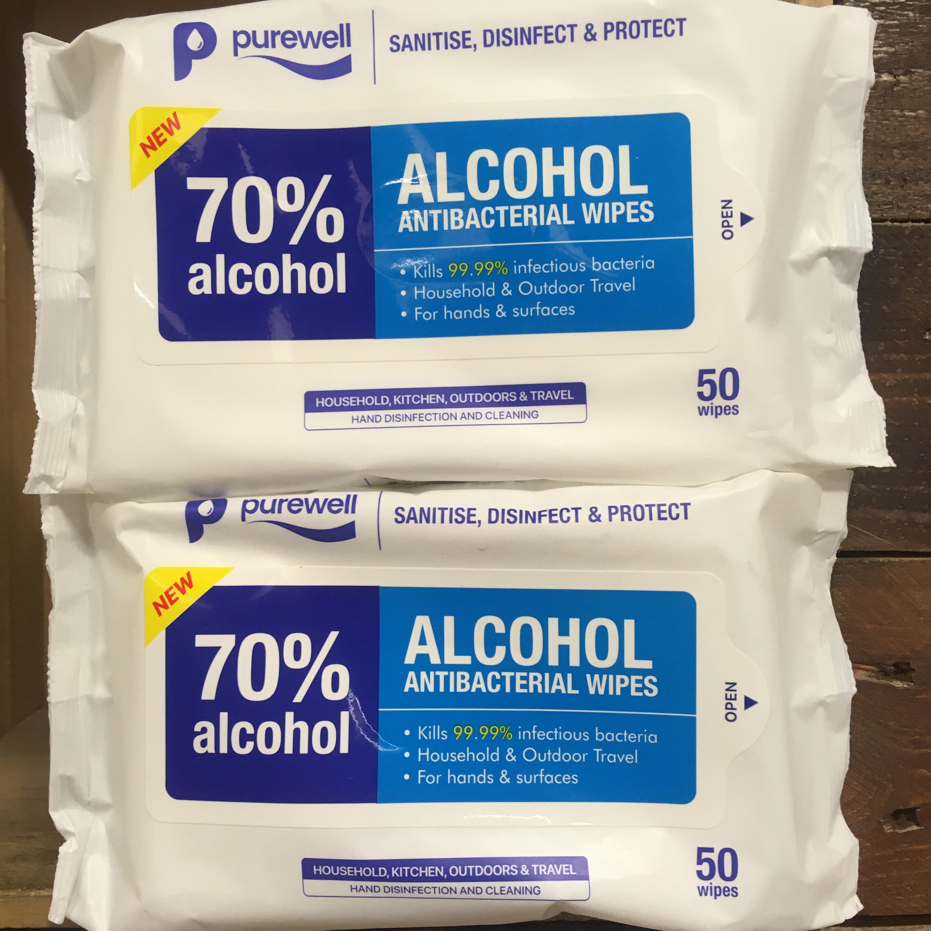 100x Purewell 70% ALCOHOL Antibacterial Wipes (2 Packs of 50)