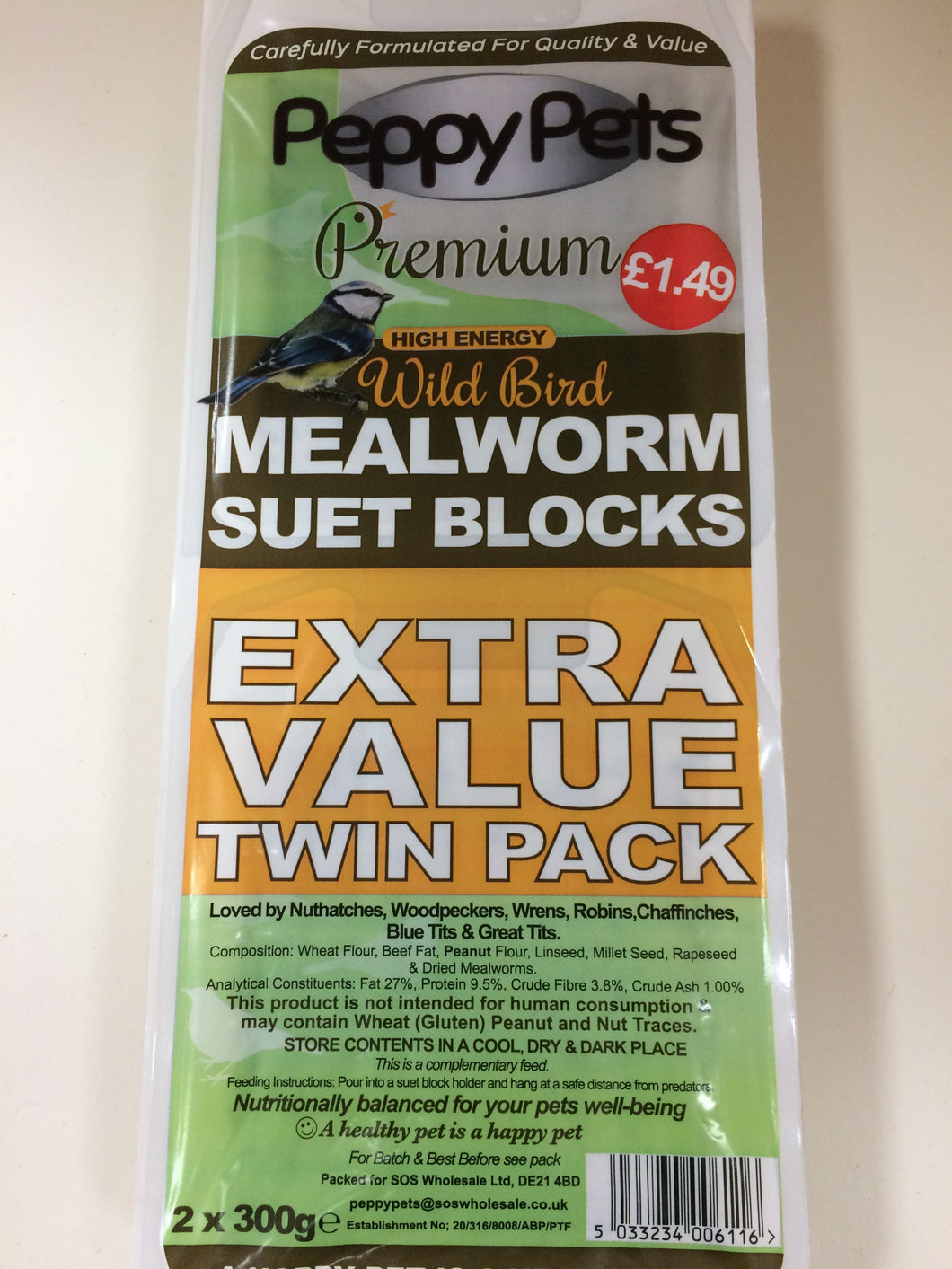 Peppy Pets #1 Mealworm Suet Blocks Value Twin Pack 2x 300g
