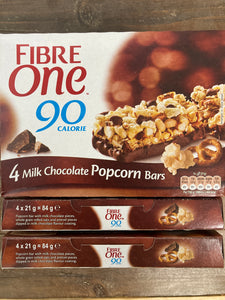 12x Fibre One 90 Calorie Milk Chocolate Popcorn Bars (3 Packs of 4x21g)
