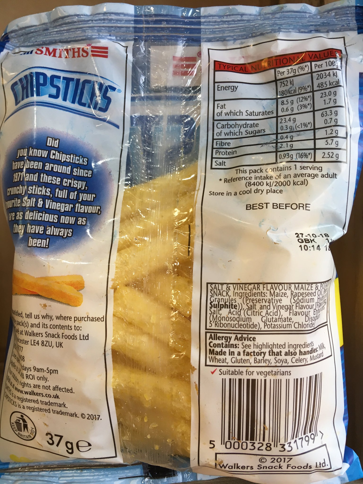 Smiths ChipSticks Salt 'N' Vinegar Maize & Potato Snack 37g & Low Price ...